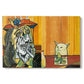 Canvas art print portraying a stylized figure facing cat across table in exaggerated scene, set against a white background