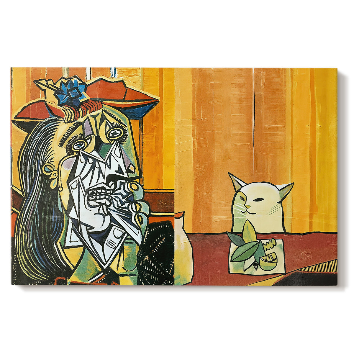 Canvas art print portraying a stylized figure facing cat across table in exaggerated scene, set against a white background