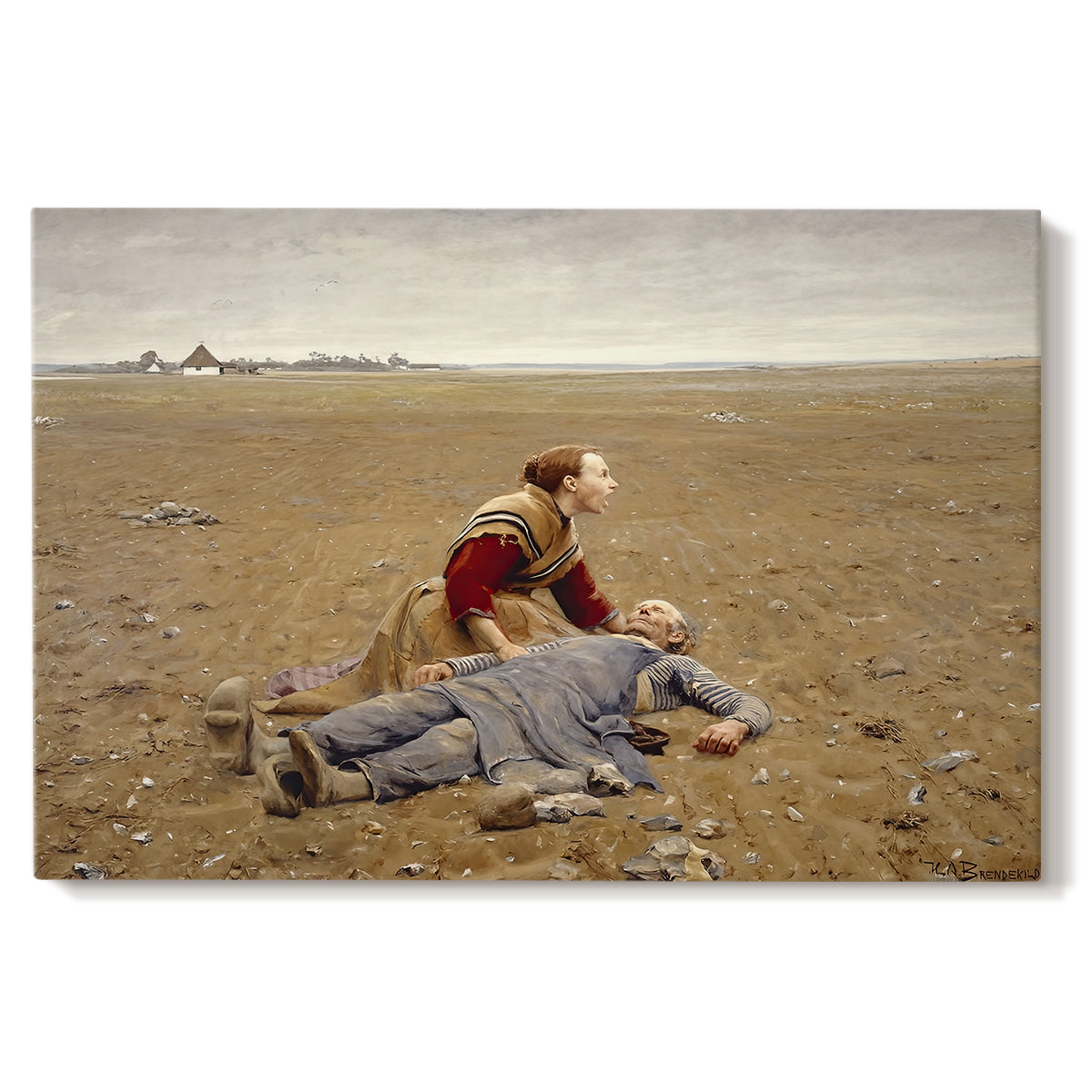 Canvas art print portraying an exhausted figure resting on ground in open rural landscape, set against a white background