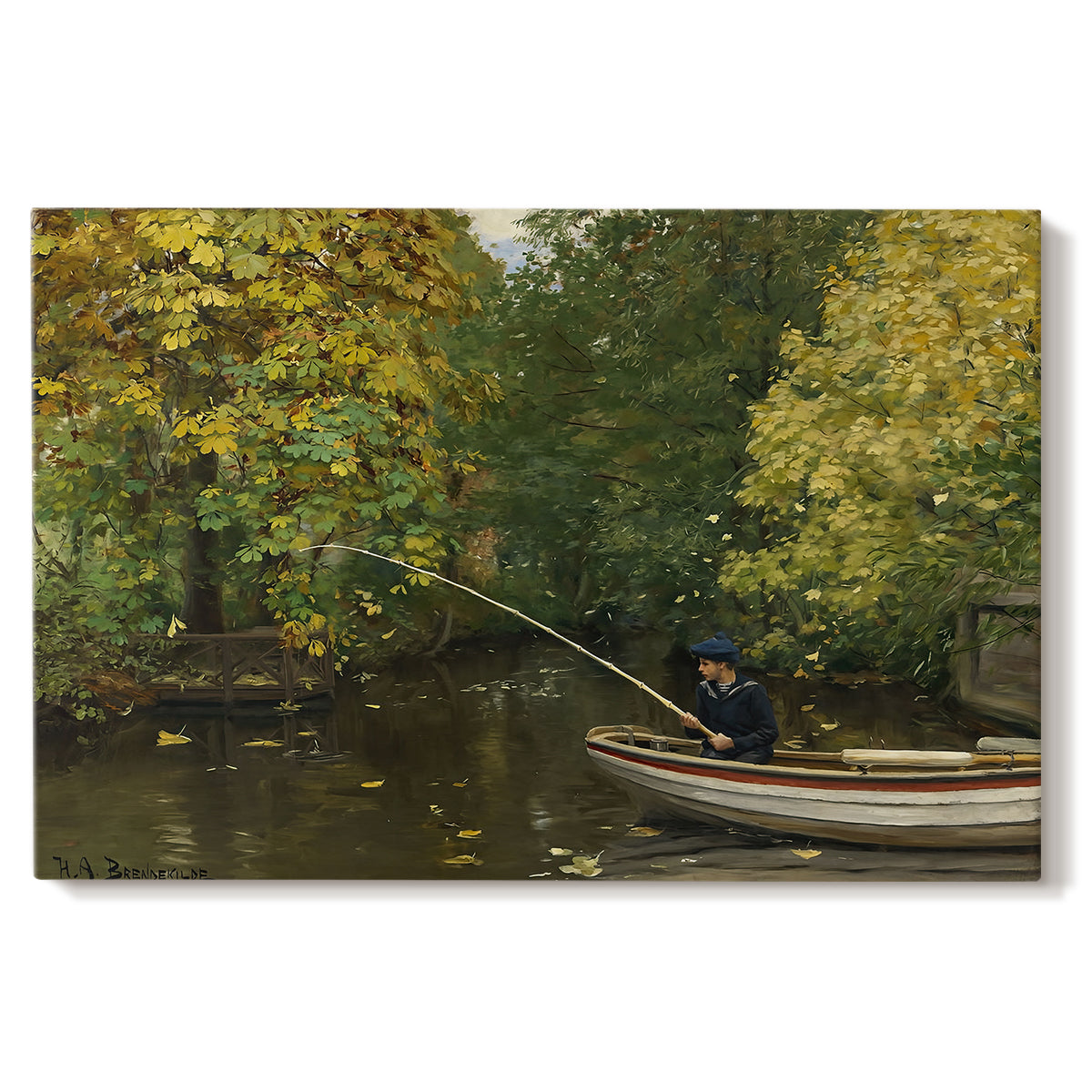 Canvas art print portraying a young boy fishing beside calm water surrounded by greenery, set against a white background