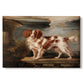 Canvas art print portraying a spaniel dog resting in landscape with attentive expression, set against a white background