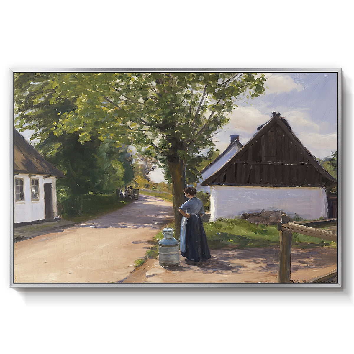 Danish Village Street with Woman and Milkman, 1880 - Floater Framed Canvas Print