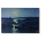 Canvas art print portraying fishing boats resting in harbor under moonlit sky, set against a white background