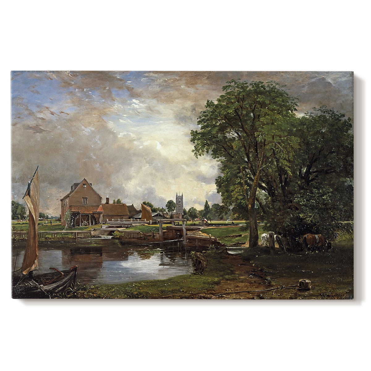 Canvas art print portraying a watermill and lock beside river with trees, set against a white background
