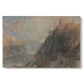 Canvas art print portraying a river landscape with castles along steep terrain, set against a white background