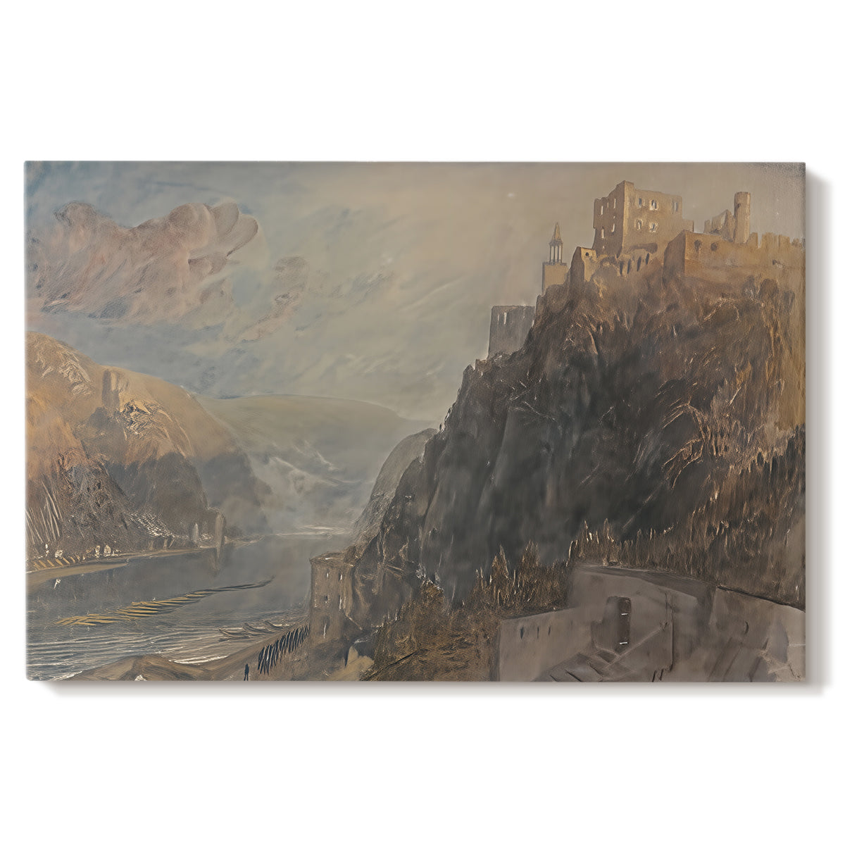 Canvas art print portraying a river landscape with castles along steep terrain, set against a white background