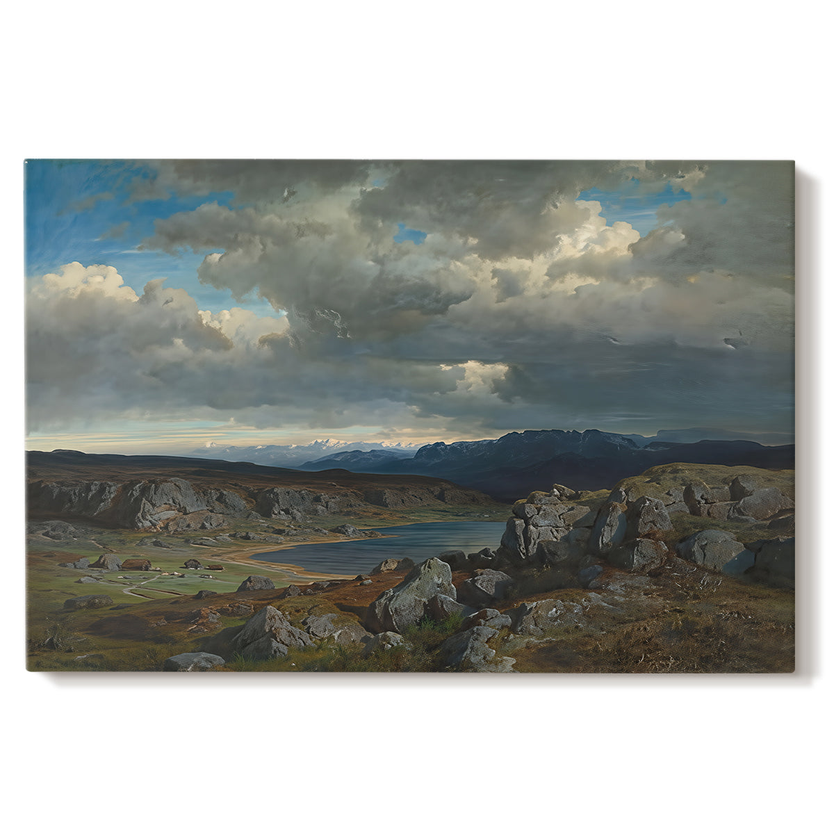 Canvas art print portraying a rugged highland landscape with mountains and open terrain, set against a white background
