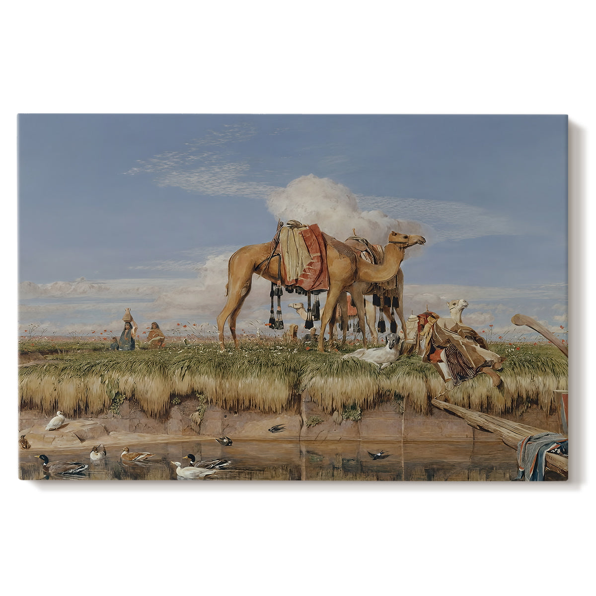 Canvas art print portraying figures and animals along riverbank with desert landscape, set against a white background