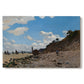 Canvas art print portraying a coastal beach scene with figures gathered along shoreline and boats nearby, set against a white background