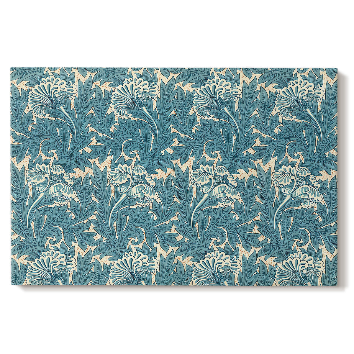 Canvas art print portraying a repeating floral pattern with tulip shapes in teal and neutral tones, set against a white background