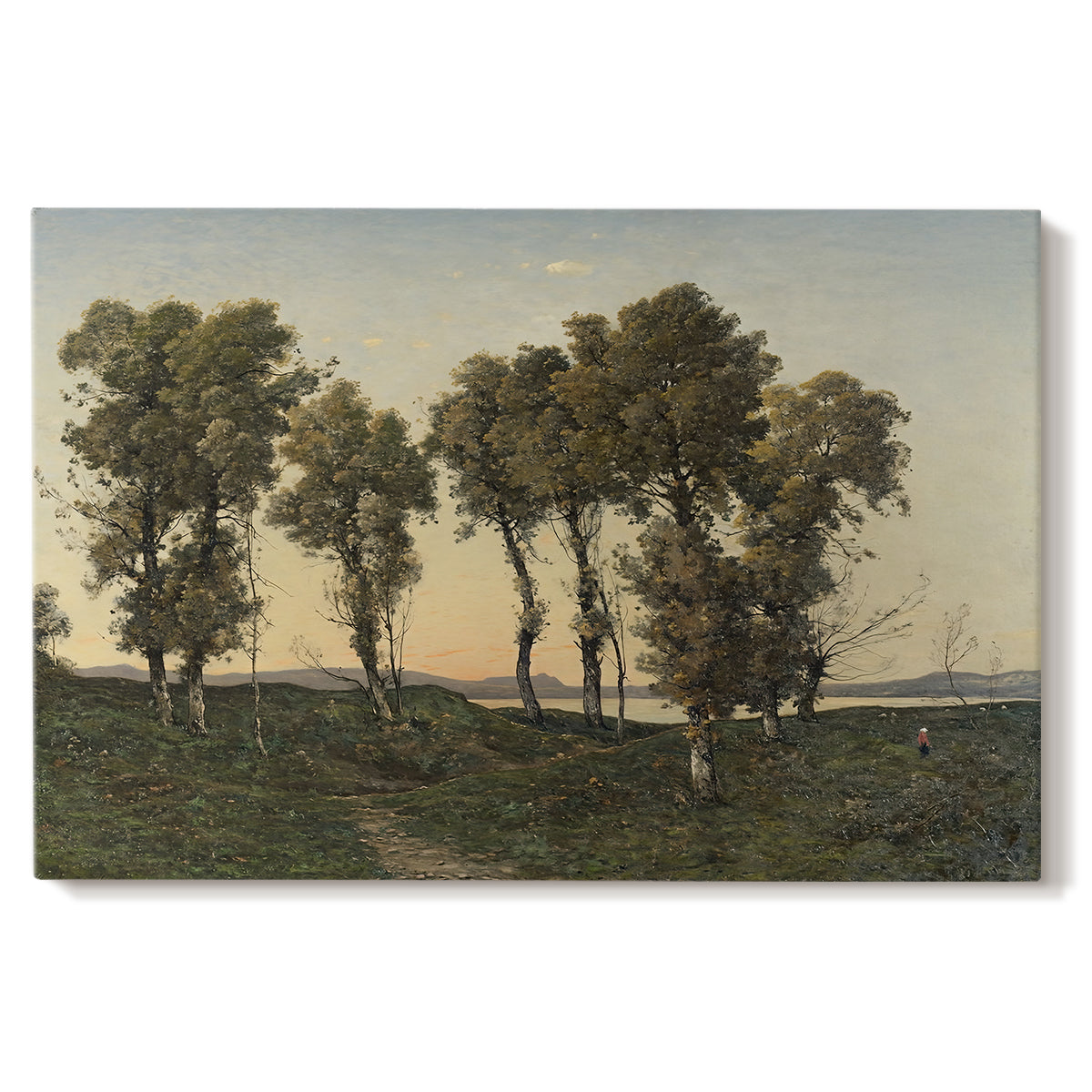 Canvas art print portraying trees silhouetted against evening sky in warm autumn tones, set against a white background