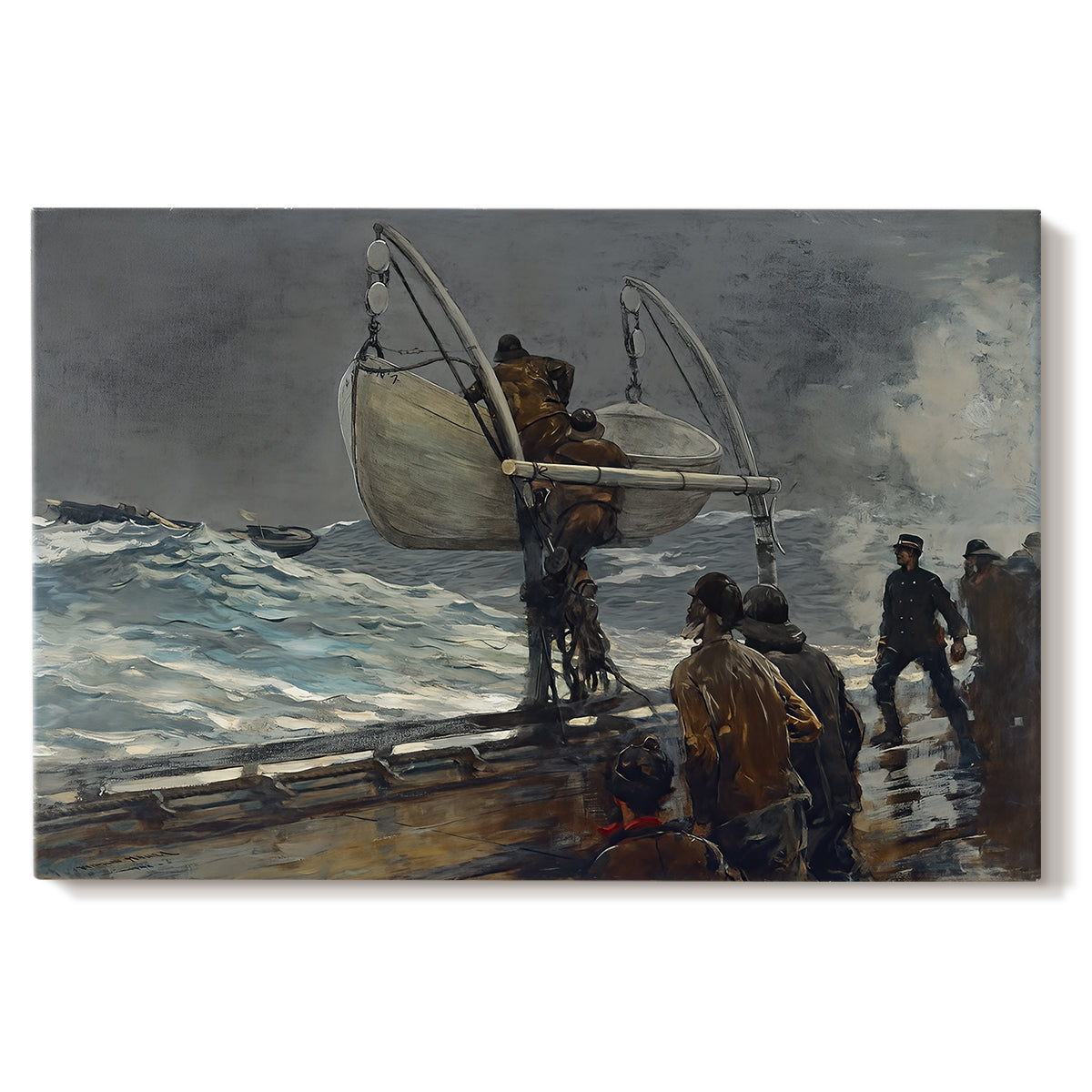 Canvas art print portraying figures gathered on rocky shore signaling toward sea with ship in distance, set against a white background