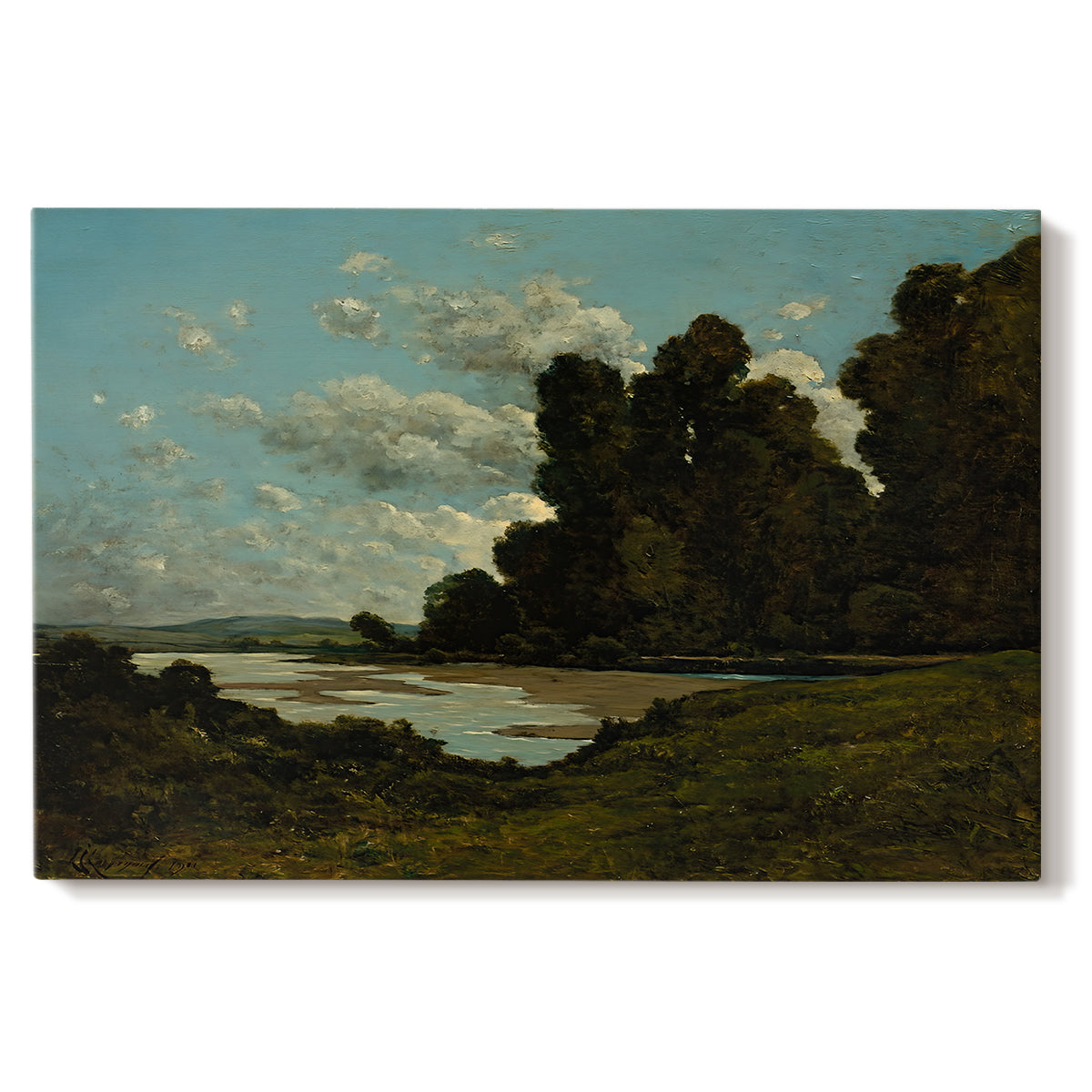 Canvas art print portraying a wide river landscape with distant town and boats under open sky, set against a white background