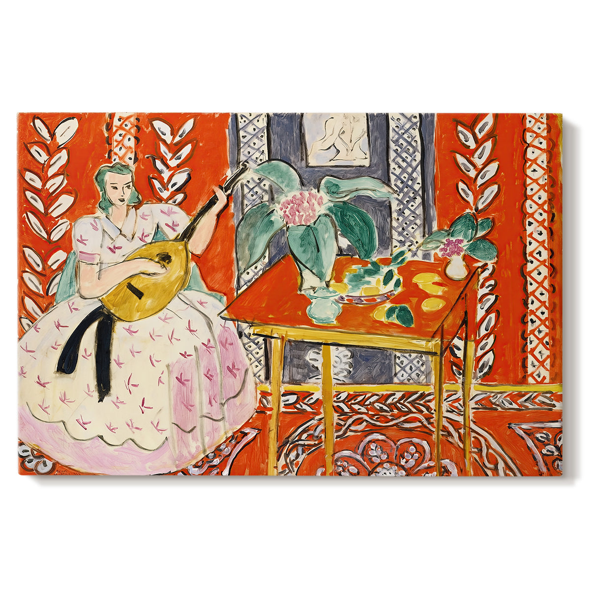 Canvas art print portraying a seated figure with a lute in a decorative interior, set against a white background