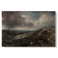 Canvas art print portraying a pond surrounded by trees under open sky, set against a white background