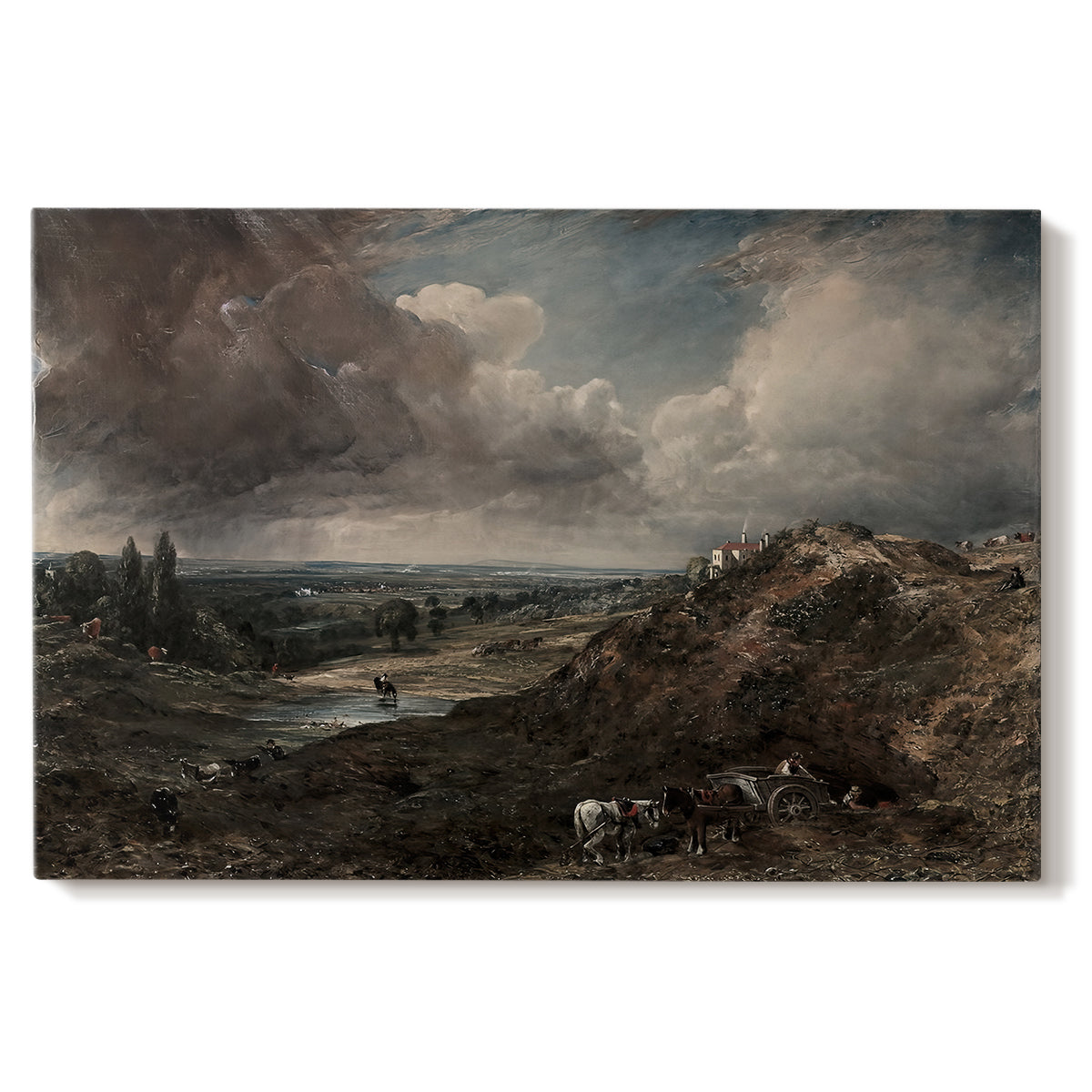 Canvas art print portraying a pond surrounded by trees under open sky, set against a white background