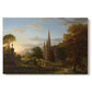 Canvas art print portraying figures approaching settlement within expansive landscape under warm light, set against a white background