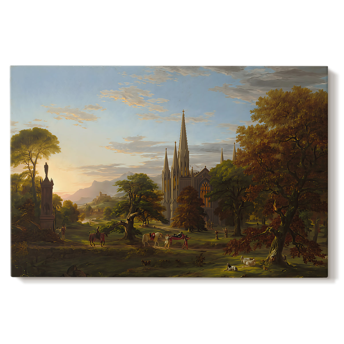 Canvas art print portraying figures approaching settlement within expansive landscape under warm light, set against a white background