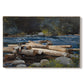 Canvas art print portraying a river landscape with boats and tree-lined banks under soft sky, set against a white background