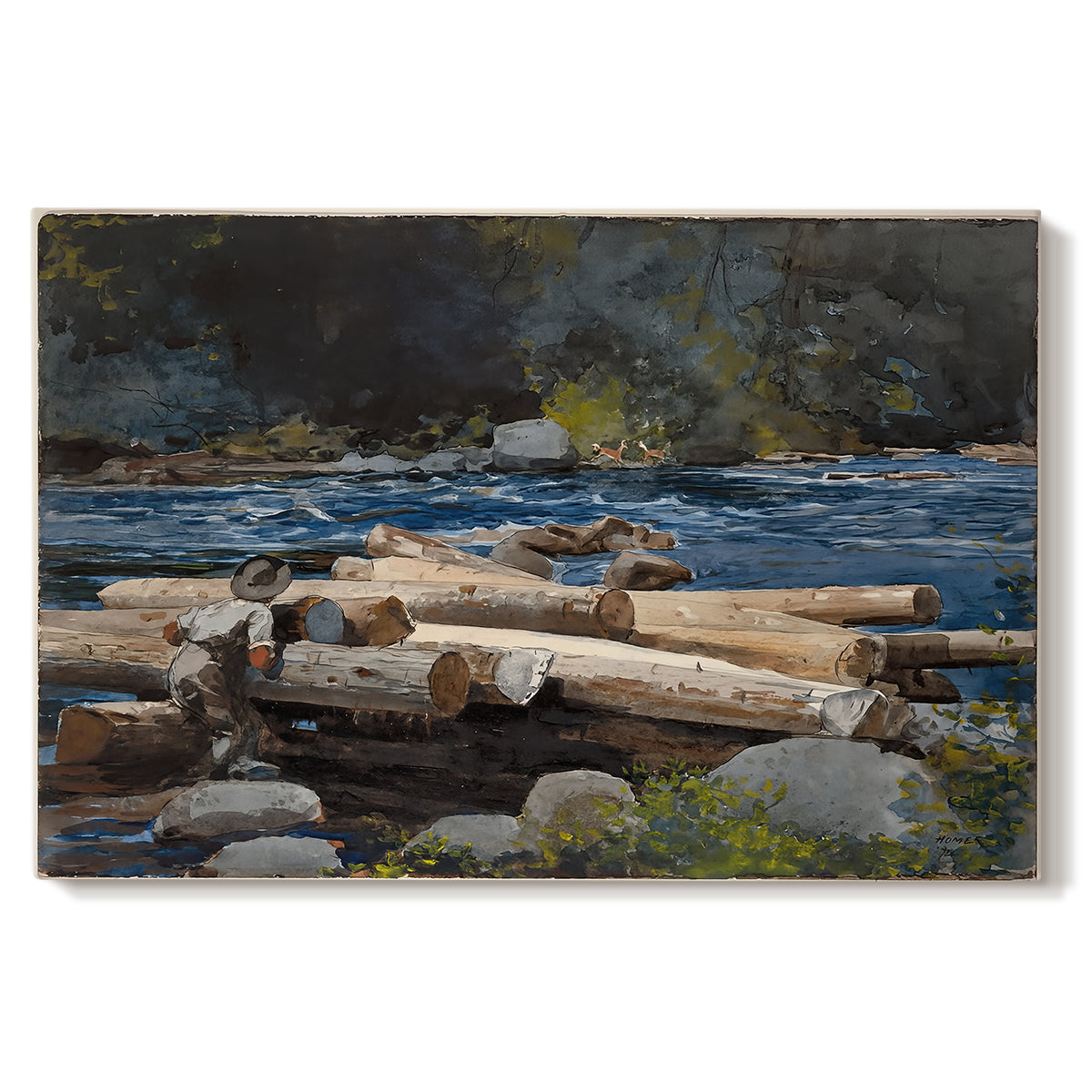 Canvas art print portraying a river landscape with boats and tree-lined banks under soft sky, set against a white background