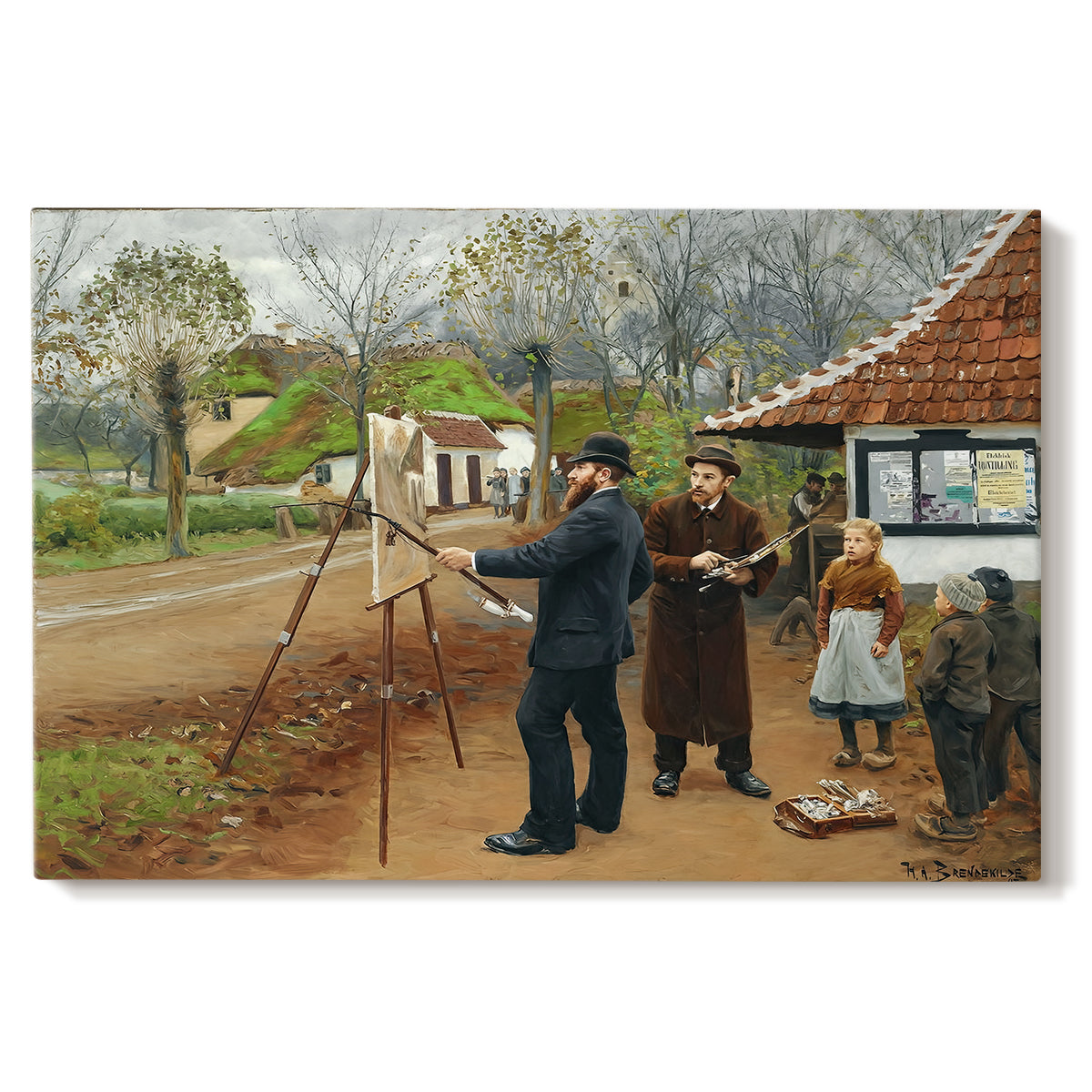 Canvas art print portraying a group of people gathered outdoors near buildings in rural village, set against a white background
