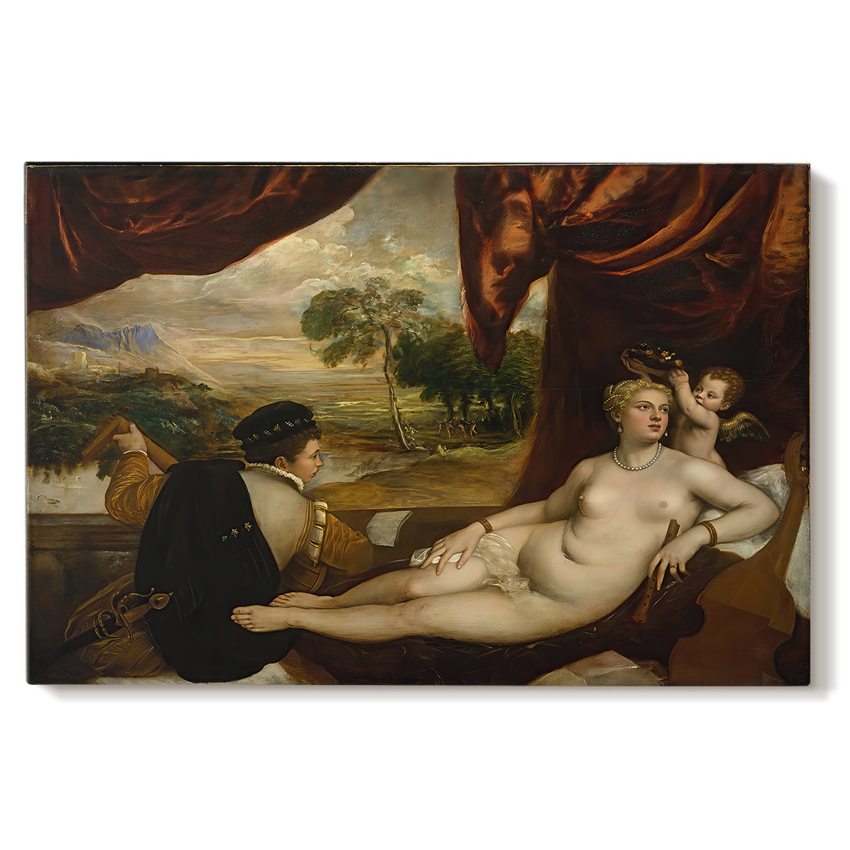 Canvas art print portraying a reclining nude woman with lute player in romantic pastoral setting, set against a white background