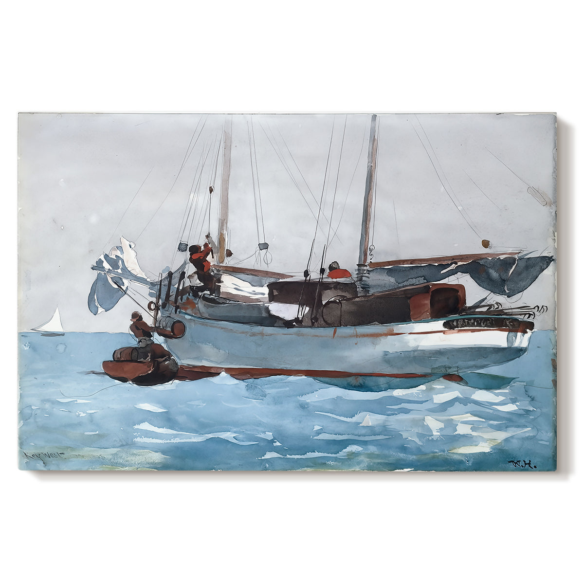 Canvas art print portraying workers transferring supplies between boat and larger vessel on water, set against a white background