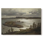 Canvas art print portraying a fjord landscape with water, shoreline, and distant hills under soft sky, set against a white background