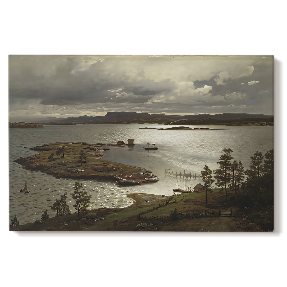 Canvas art print portraying a fjord landscape with water, shoreline, and distant hills under soft sky, set against a white background