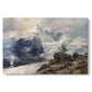 Canvas art print portraying a towering mountain peak rising above rocky alpine landscape, set against a white background