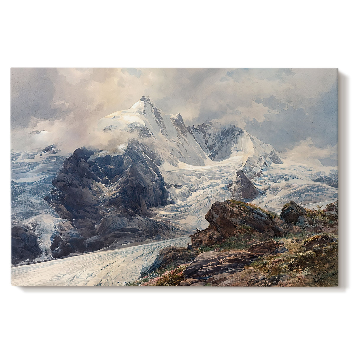Canvas art print portraying a towering mountain peak rising above rocky alpine landscape, set against a white background