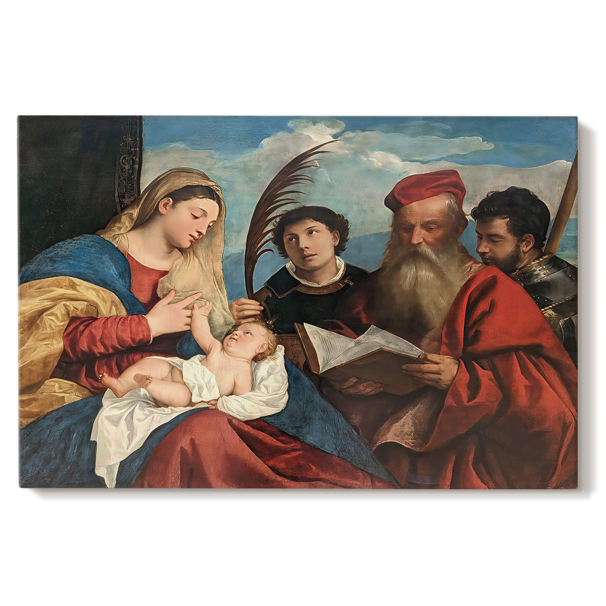 Canvas art print portraying a group of holy figures gathered around Madonna and child in colorful composition, set against a white background