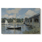 Canvas art print portraying a bridge spanning river with sailboats and reflections in bright daylight, set against a white background