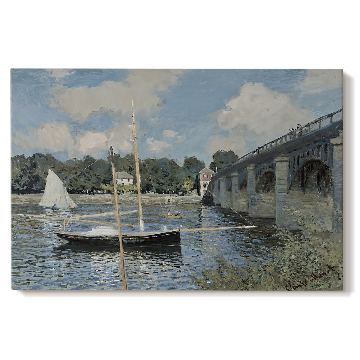 Canvas art print portraying a bridge spanning river with sailboats and reflections in bright daylight, set against a white background