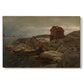 Canvas art print portraying a coastal home near shoreline with boats and surrounding landscape, set against a white background