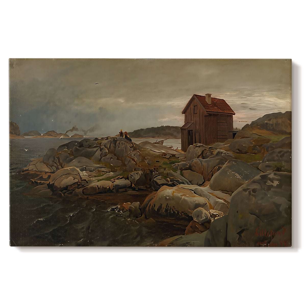 Canvas art print portraying a coastal home near shoreline with boats and surrounding landscape, set against a white background