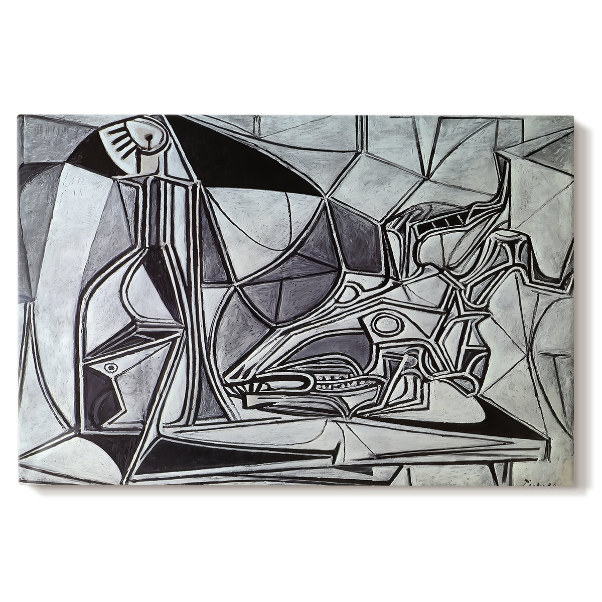 Canvas art print portraying an abstract still life with skull bottle and candle, set against a white background