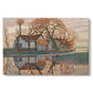 Canvas art print portraying a farmhouse in simplified landscape with bold outlines, set against a white background