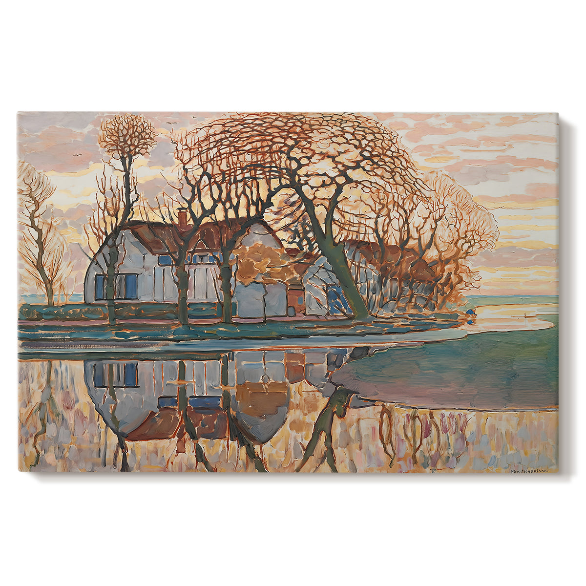 Canvas art print portraying a farmhouse in simplified landscape with bold outlines, set against a white background