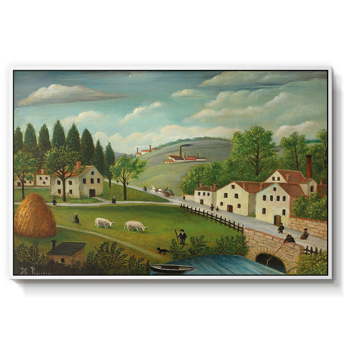 Pastoral Landscape with Stream, Fisherman and Strollers, 1875-1880 - Floater Framed Canvas Print