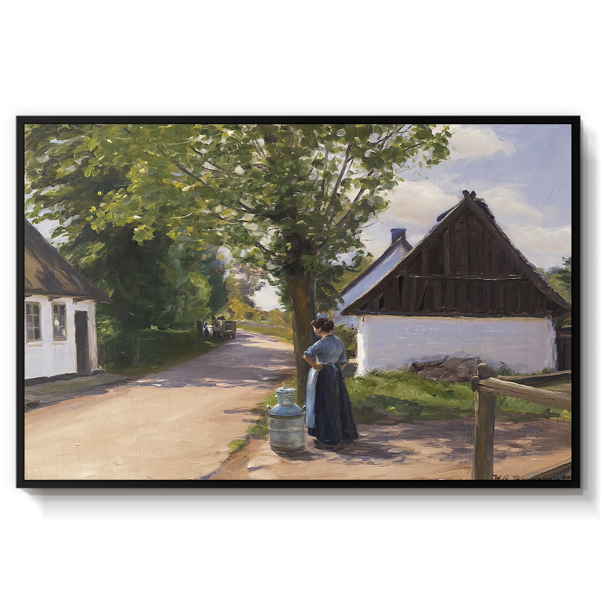 Danish Village Street with Woman and Milkman, 1880 - Floater Framed Canvas Print