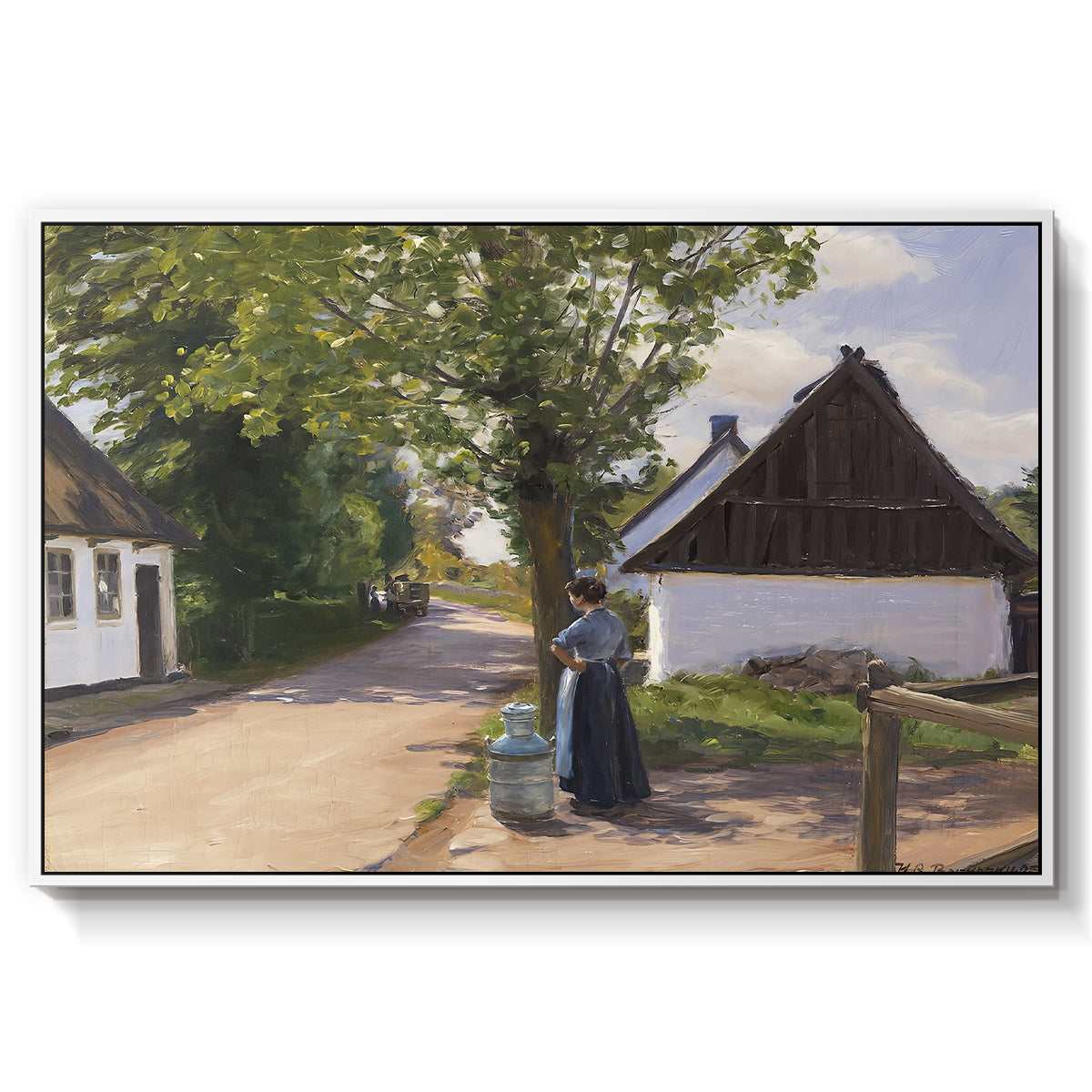 Danish Village Street with Woman and Milkman, 1880 - Floater Framed Canvas Print