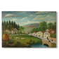 Canvas art print portraying a rural landscape with stream, walking figures, and fisherman near water, set against a white background