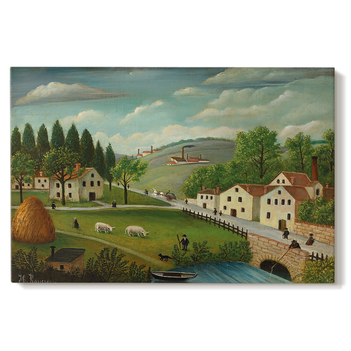 Canvas art print portraying a rural landscape with stream, walking figures, and fisherman near water, set against a white background