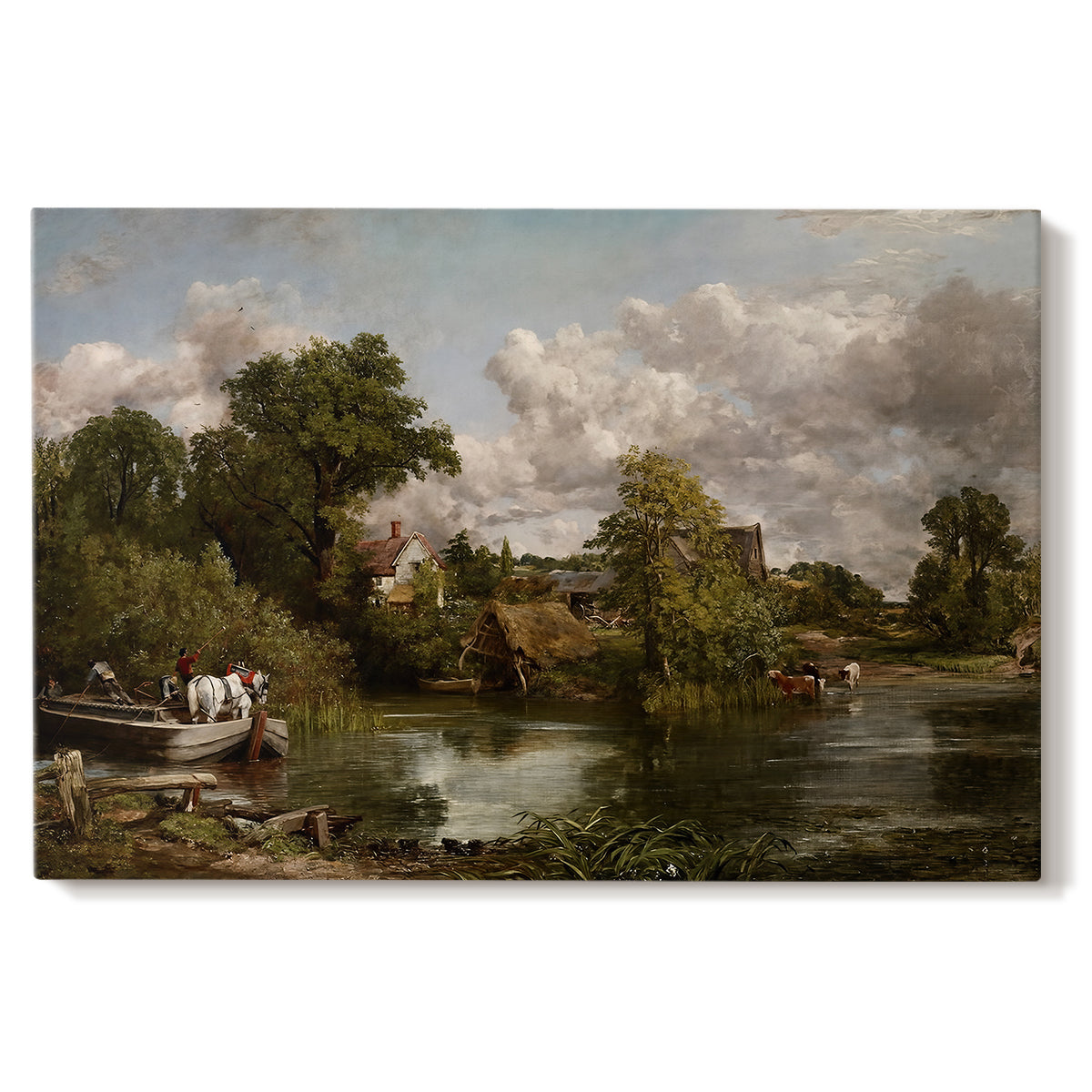 Canvas art print portraying a white horse standing near river within rural landscape, set against a white background