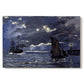 Canvas art print portraying ships on dark sea illuminated by moonlight under night sky, set against a white background