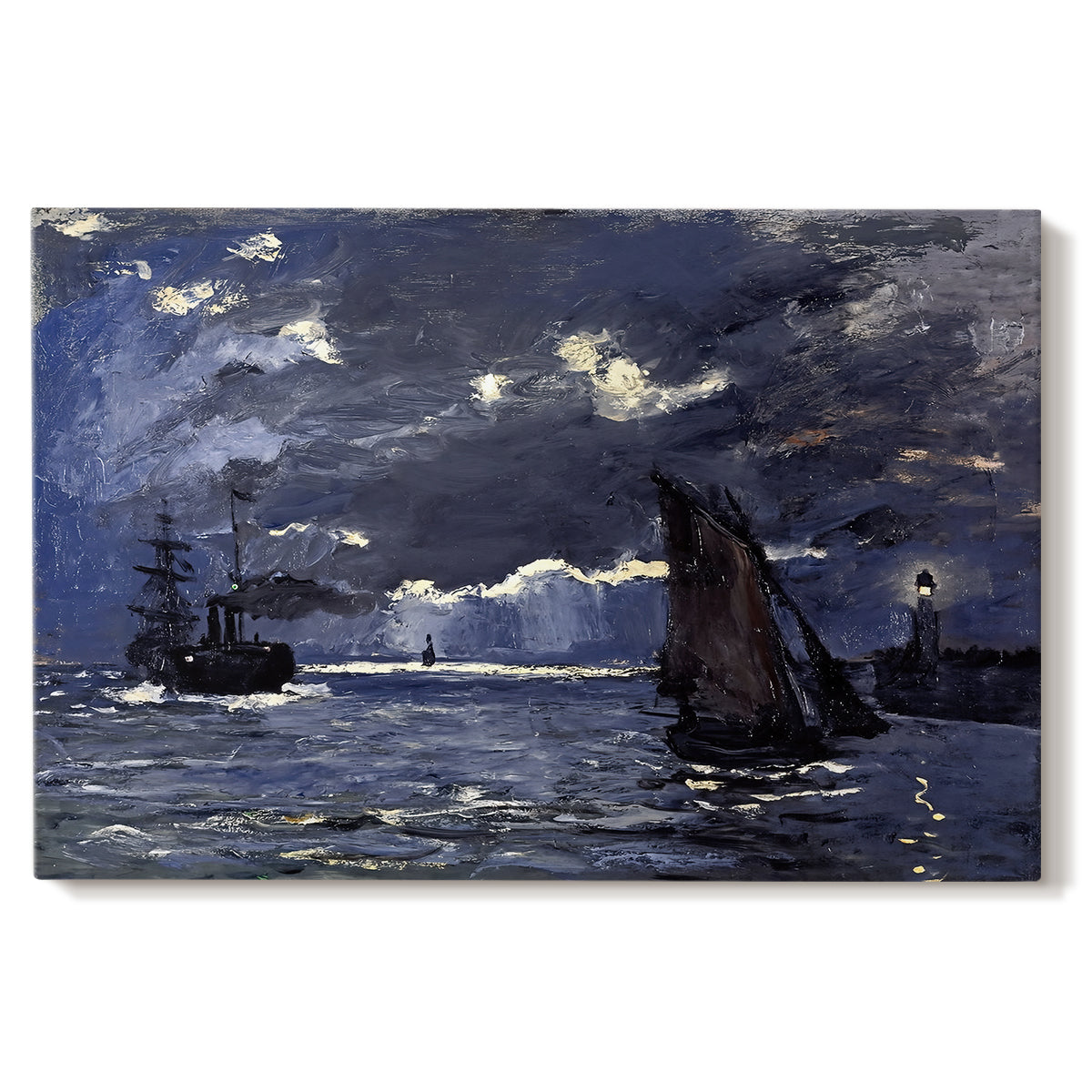 Canvas art print portraying ships on dark sea illuminated by moonlight under night sky, set against a white background