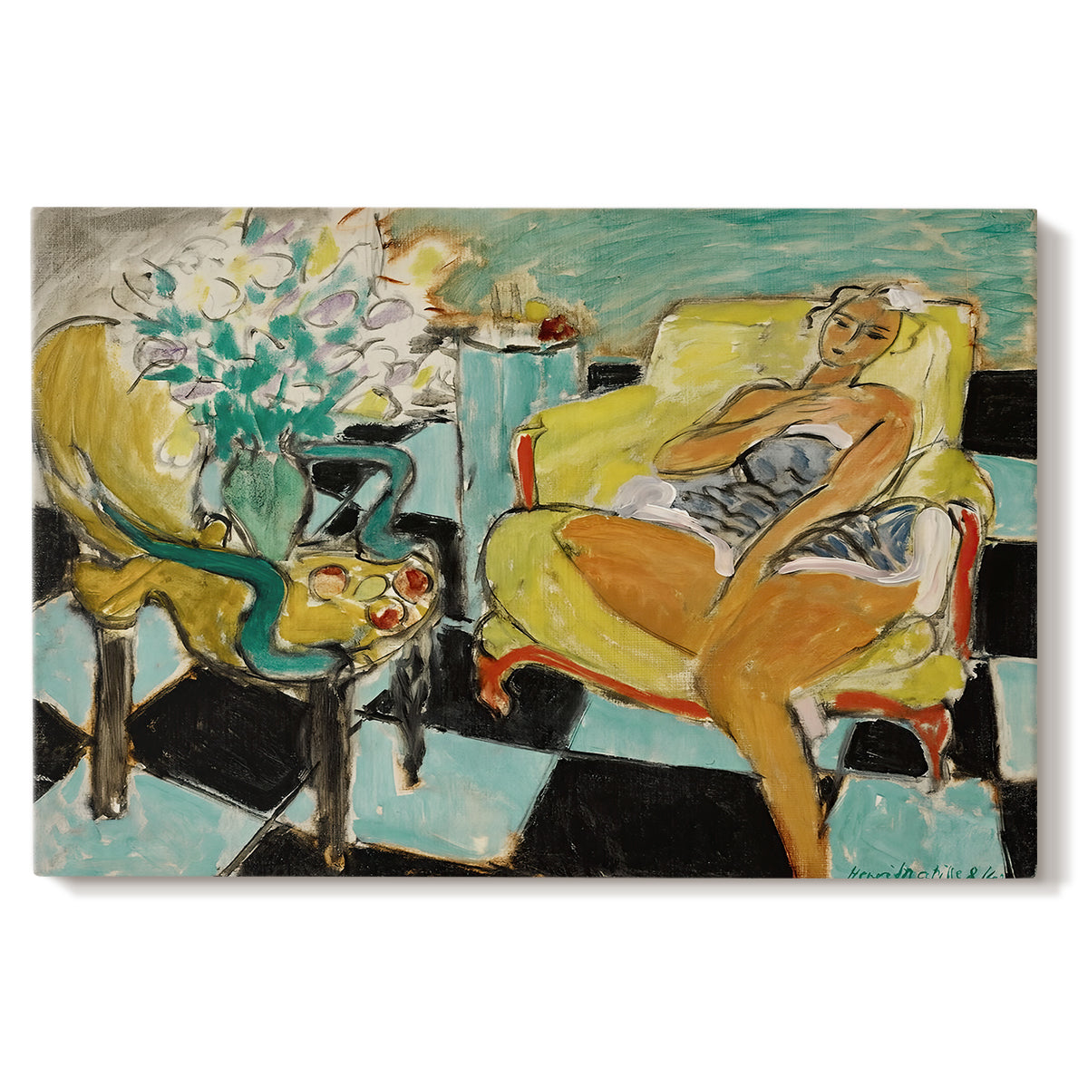 Canvas art print portraying a seated woman posed with a flower in a bright interior, set against a white background