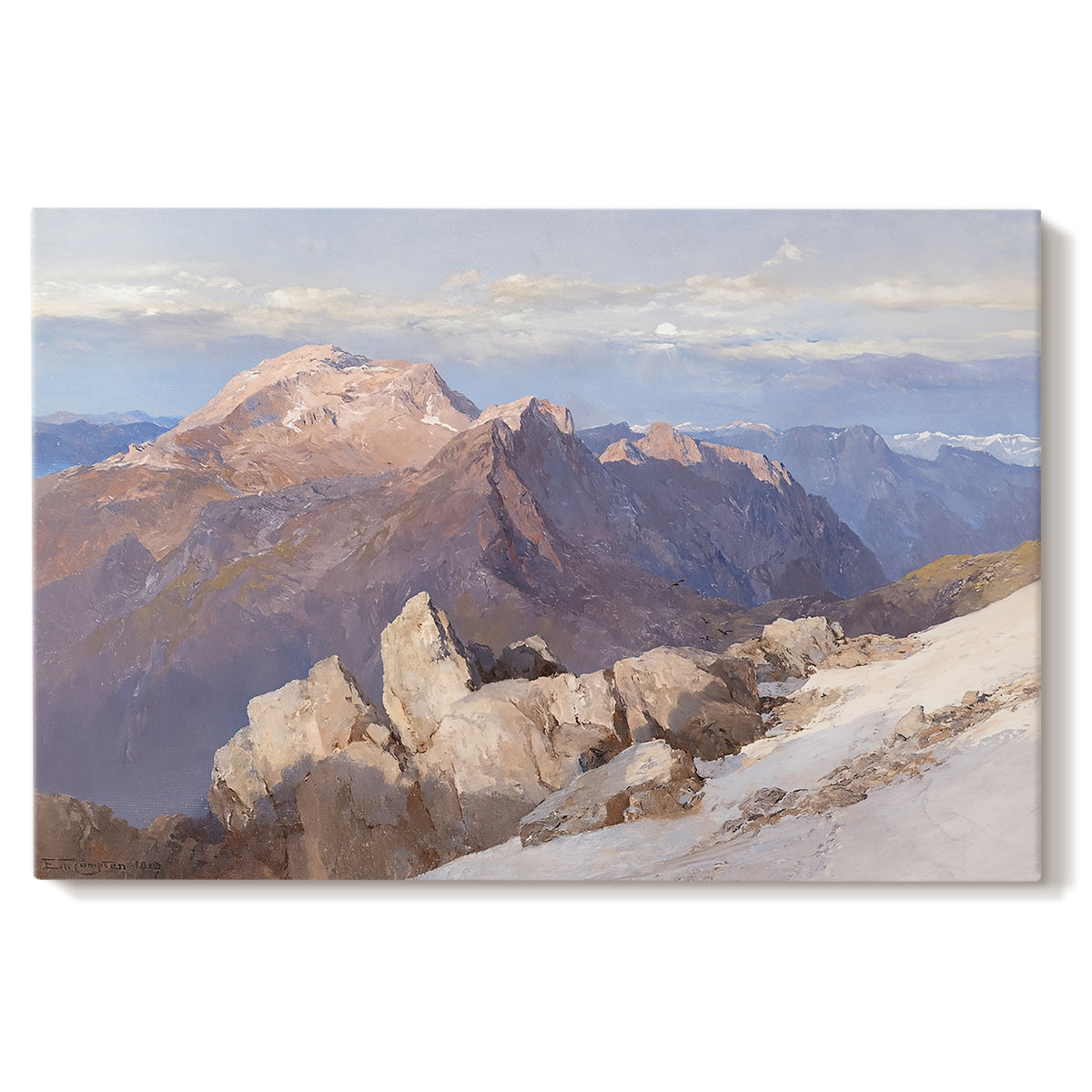 Canvas art print portraying a distant mountain peak viewed from elevated ridge with sweeping landscape, set against a white background