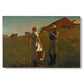 Canvas art print portraying two figures standing in open field near small building under wide sky, set against a white background